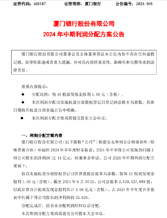 厦门银行：拟每10股派发现金股利1.50元-第1张图片-黄冈新闻