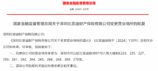 深圳比亚迪财产保险有限公司获批变更营业场所-第1张图片-黄冈新闻