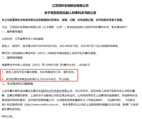 四环生物实控人陆克平犯内幕交易罪，被判处有期徒刑三年缓刑四年、没收违法所得2.32亿元-第1张图片-黄冈新闻